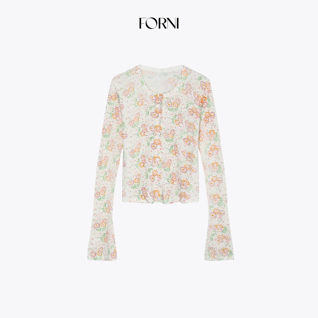 FORNI 马卡龙少女春夏新款全棉碎花修身圆领针织开衫女