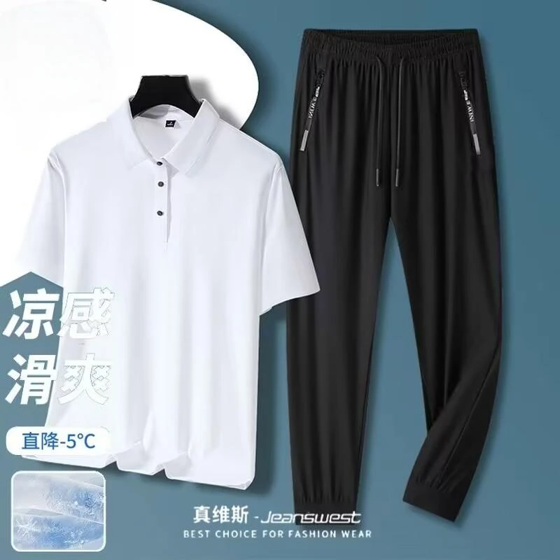 【工厂发货】夏季男士短袖POLO衫冰丝裤套装透气速干弹力休闲裤男
