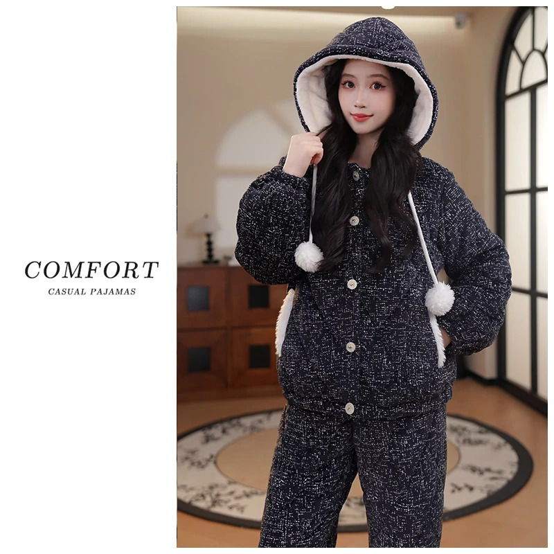 2025冬季新款保暖三层夹棉加绒加厚睡衣女士连帽抗寒家居服可外穿