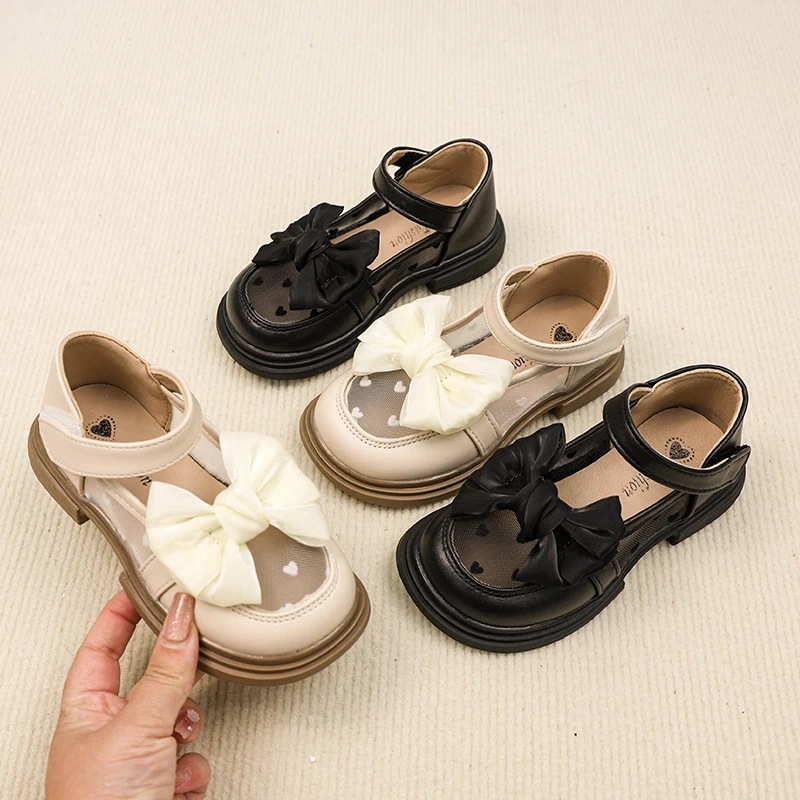 女童网纱公主鞋乐福鞋软底单鞋蝴蝶结儿童黑色小皮鞋6163