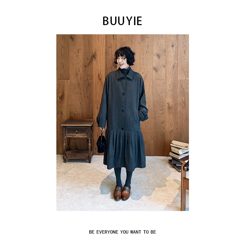 BUUYIE【娴倪】冬季极简高级感中长款老钱羊毛大衣连衣裙子251308