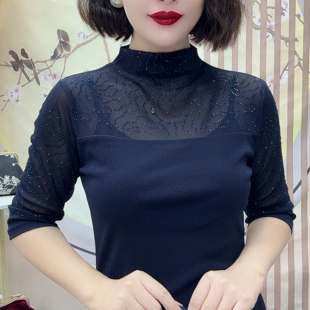 209半高领长袖法式纯色轻职风T恤女士百搭内搭蕾丝衫