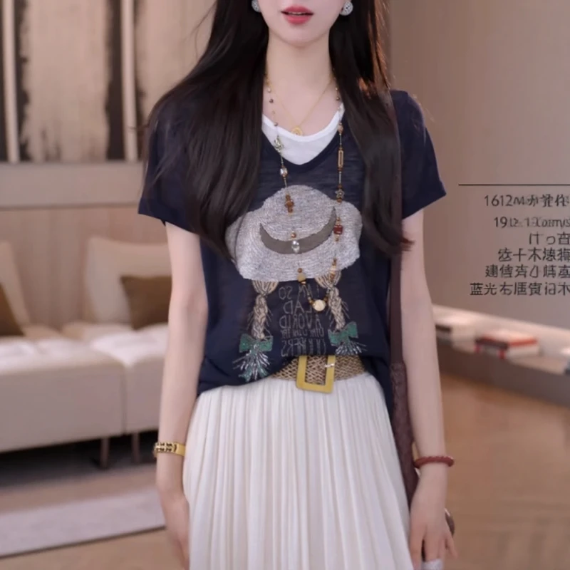 假两件正肩短袖t恤女2025夏季新款胖MM大码女装高级感巨显瘦上衣