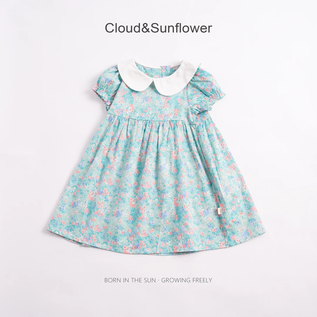 【云朵小葵】女童夏季洋气绿色粉花碎花捏褶泡泡袖660199