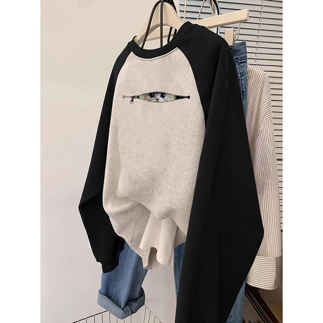 创意穿搭拉链猫咪印花撞色卫衣女秋冬加绒宽松百搭插肩袖圆领外套