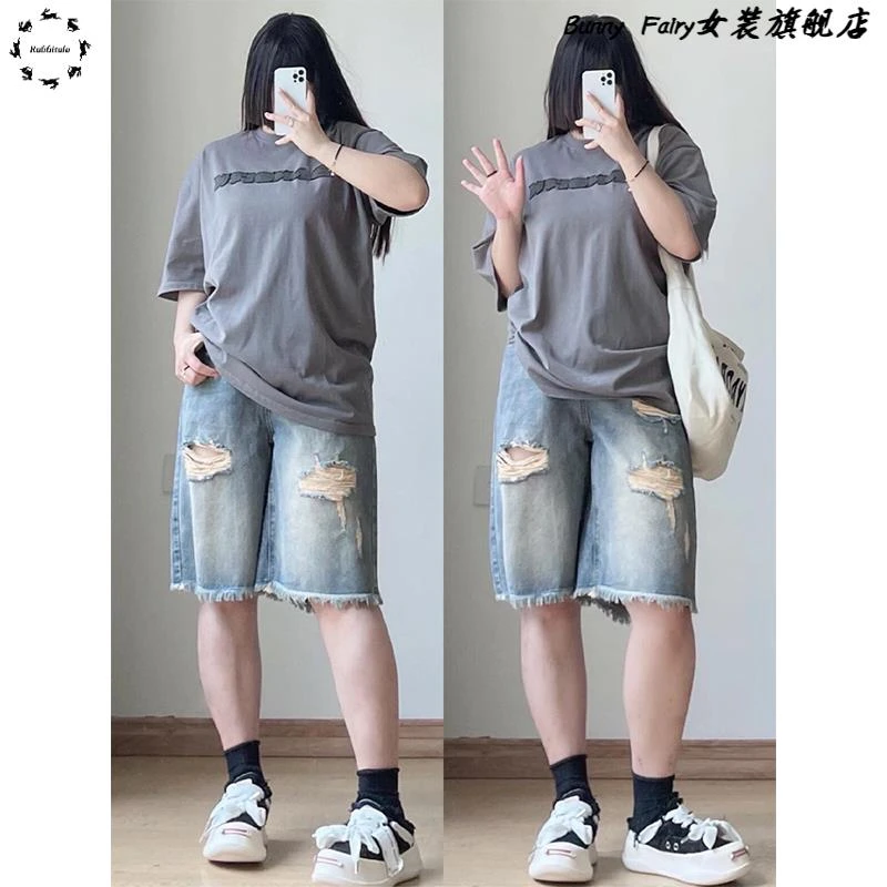 300斤大码女装夏季破洞牛仔短裤女胖mm百搭裤子显瘦阔腿五分裤子