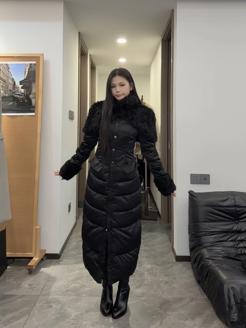 【沙漏腰羽绒服】新国标90%白鸭绒修身毛毛拼接长款收腰羽绒服