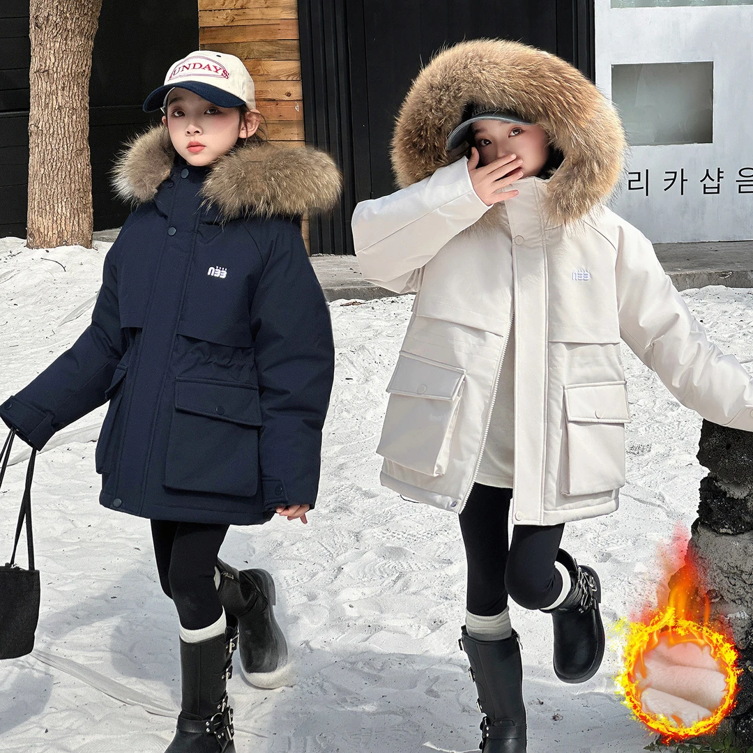 巴拉开门红女童冬季中长款棉衣外套大毛领加绒夹棉派克服女孩棉袄