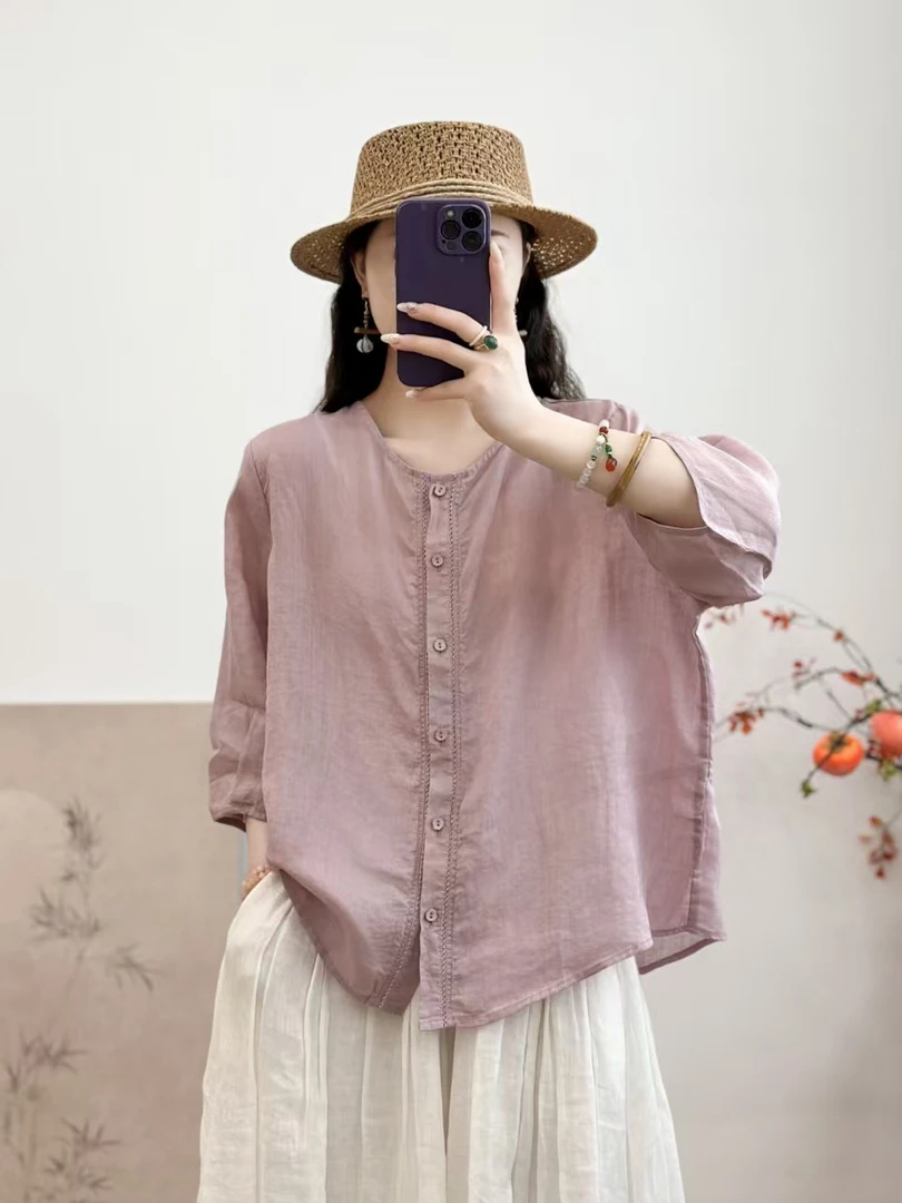 100%的苎麻文艺复古大码七分袖宽松显瘦百搭休闲薄款衬衫女