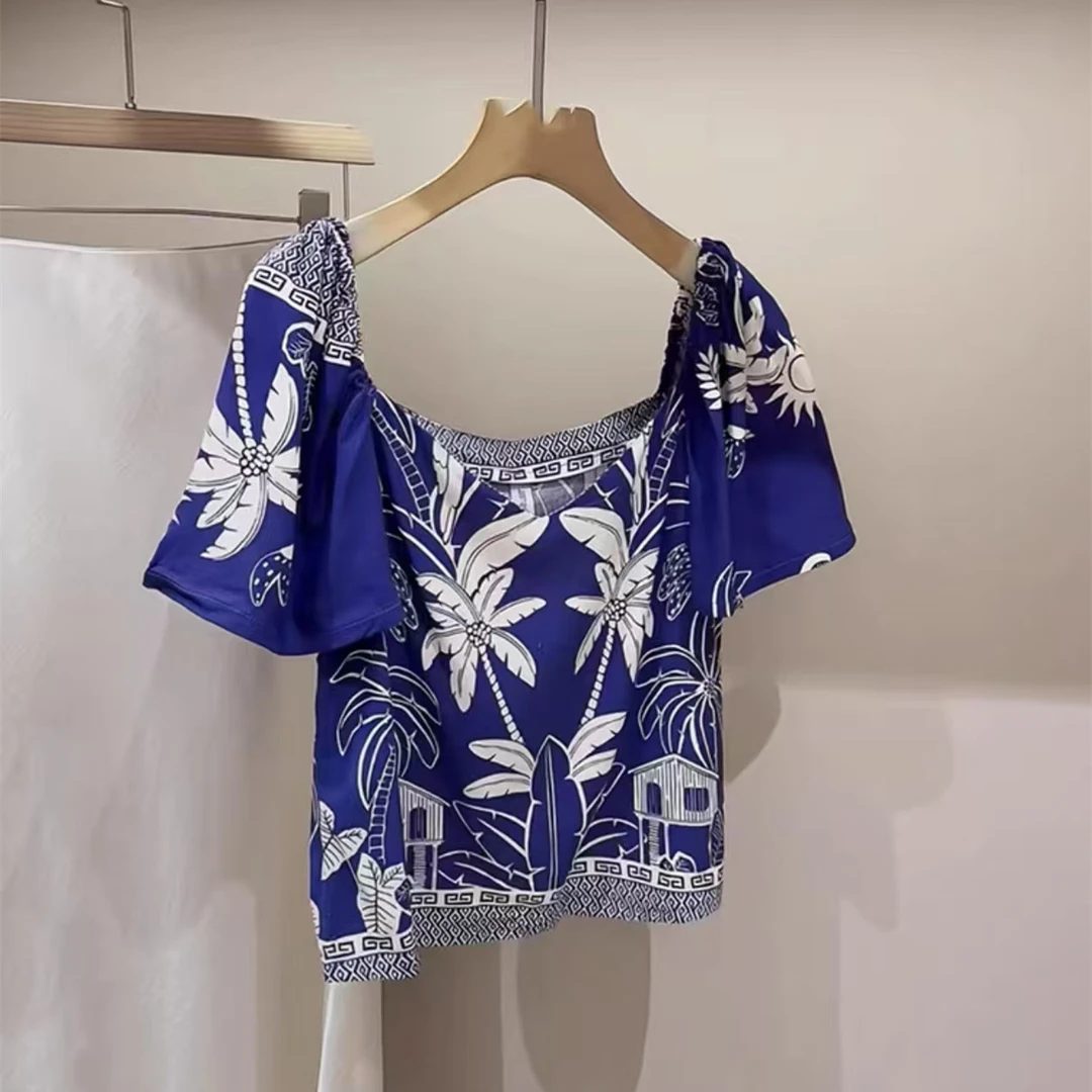 K3182 亚麻度假风百搭印花碎花短袖花上衣小衫衬衫 Q960-25052805