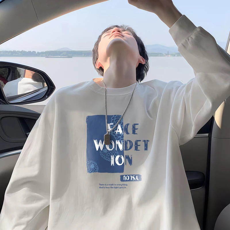 【重磅纯棉】圆领美式高街长袖T恤男士印花秋季新款宽松百搭打底衫