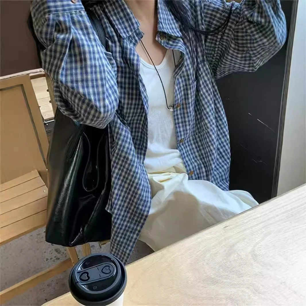 衬衣格纹格子外搭宽松复古蓝色外套慵懒风上衣女休闲早秋衬衫长袖