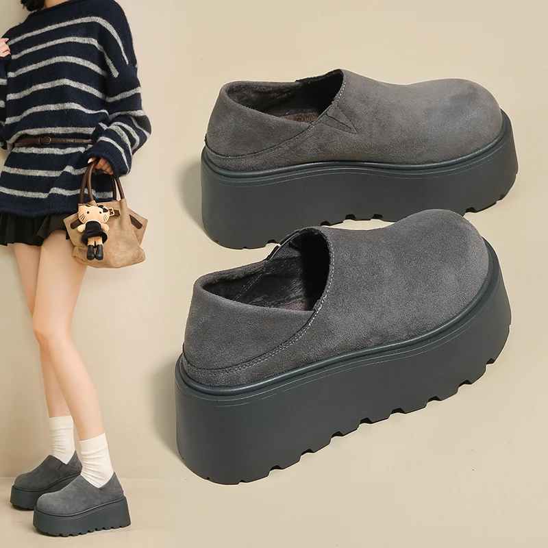 秋冬绒面勃肯鞋2025新款复古内增高两穿懒人包头鞋厚底加绒棉鞋女