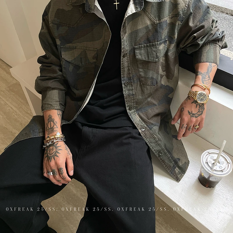 OXFREAK 「阿美咔叽 水洗帆布」迷彩长袖衬衫男美式复古宽松外套
