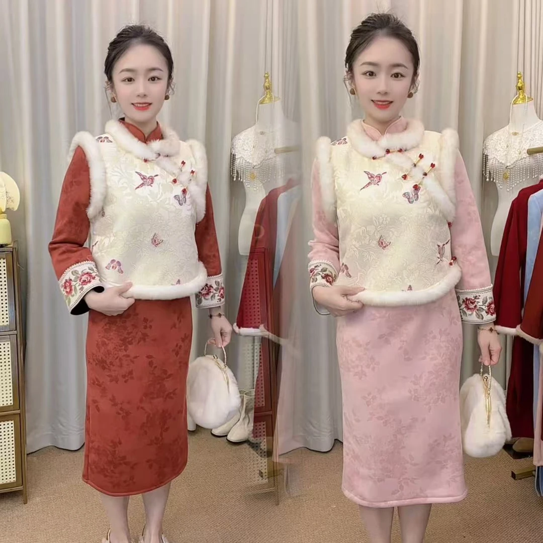 书香   冬季日常婚礼新中式加绒九分袖改良旗袍气质中国风冬款