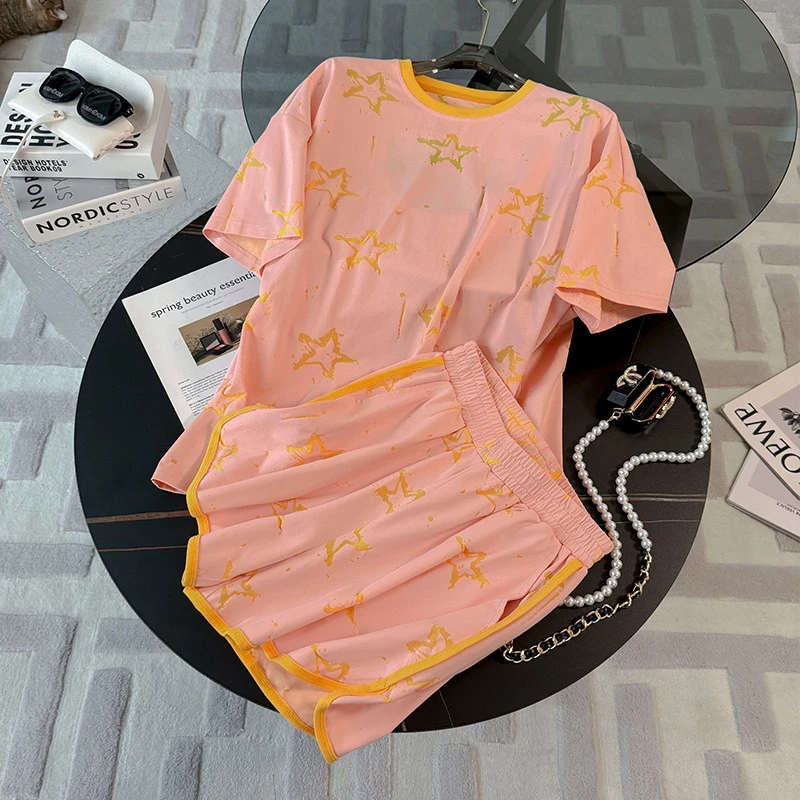 韩版休闲运动时尚套装女夏新款简约甜美圆领短袖上衣阔腿短裤套装