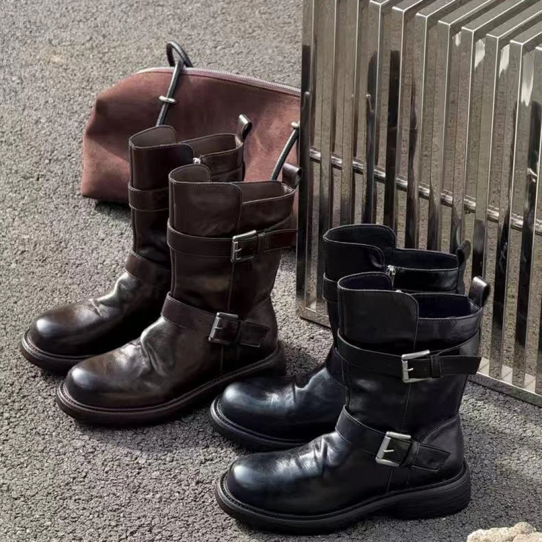 SUSU【摩登短靴】水洗缩纹皱皱短靴复古皮带扣英伦风机车靴 | 跟高4