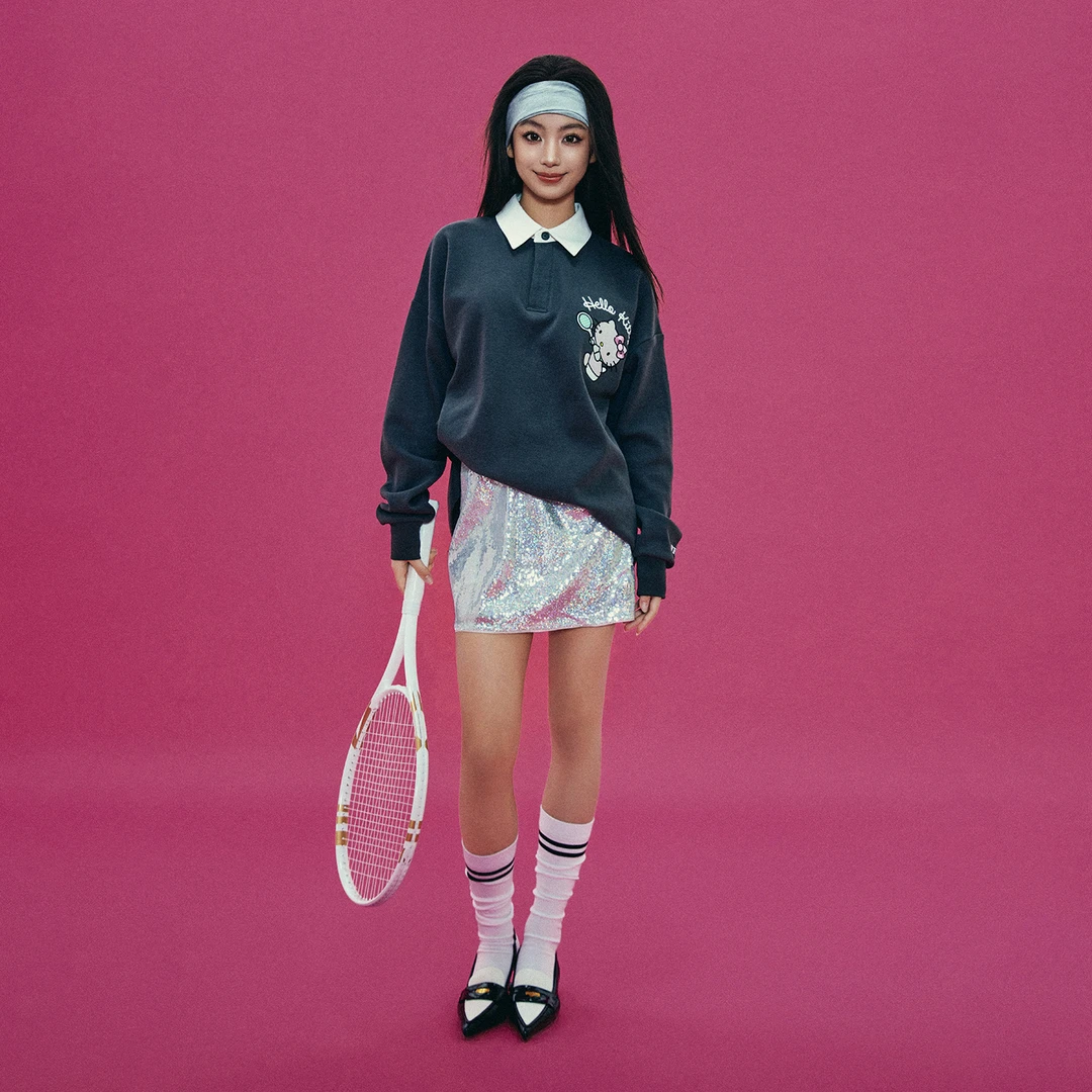 【HELLO KITTY官方联名】WHOOSIS 刺绣网球长袖polo休闲宽松男女