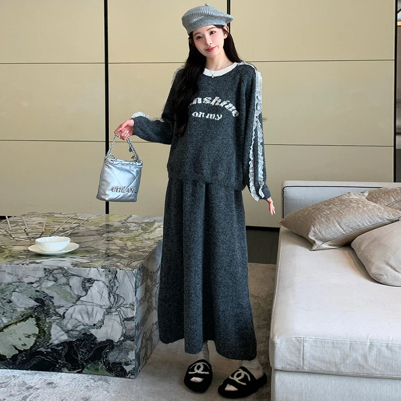 孕妇套装2025秋冬季韩版新款时尚蕾丝字母拼接毛衣半身裙两件套装