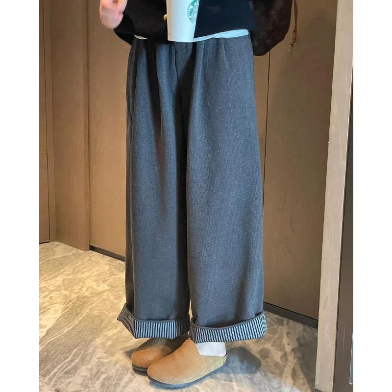 复古卷边毛呢阔腿裤女秋冬季加绒加厚大码胖mm宽松显瘦休闲直筒裤