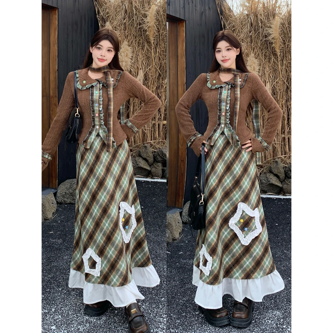 MO88ZSPF大码可可松露套装毛针织开衫上衣女格纹绣花长裙两件套