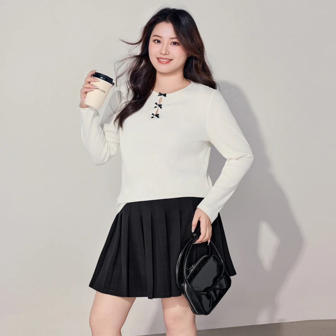 【弹力人棉】MsShe大码女装冬装钉珠钻蝴蝶结镂空打底衫S~E2512038