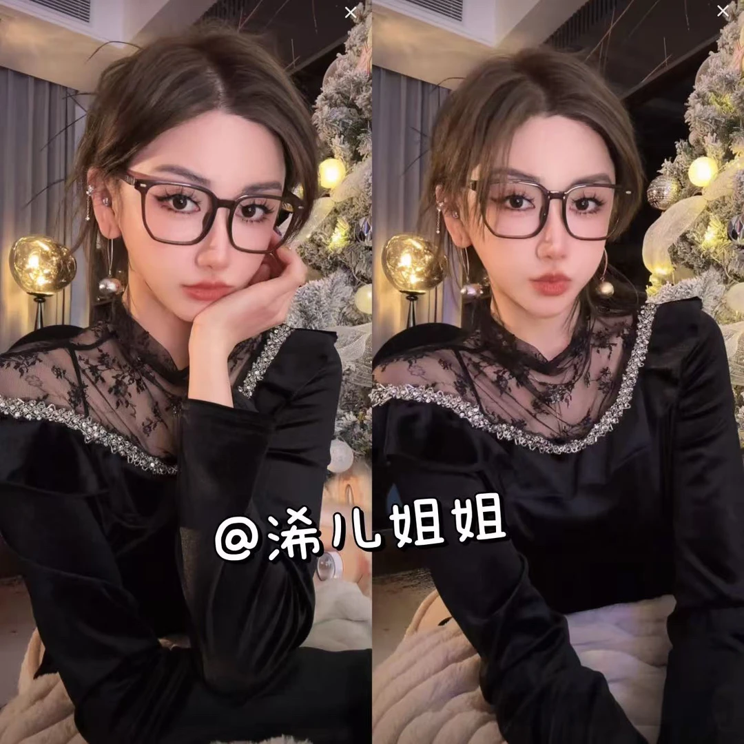 镶钻蕾丝斜肩半高领露肩丝绒上衣