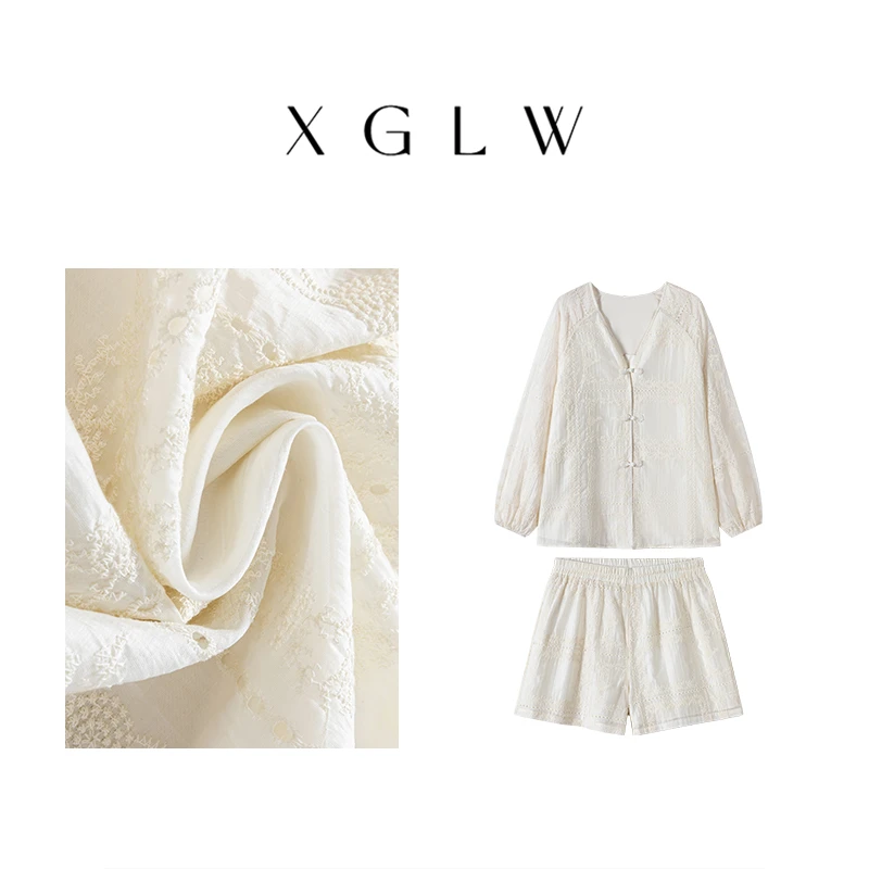 青城山下~胖MM大码夏季显瘦气质长袖短裤米白套装G3E0015-G3N0007