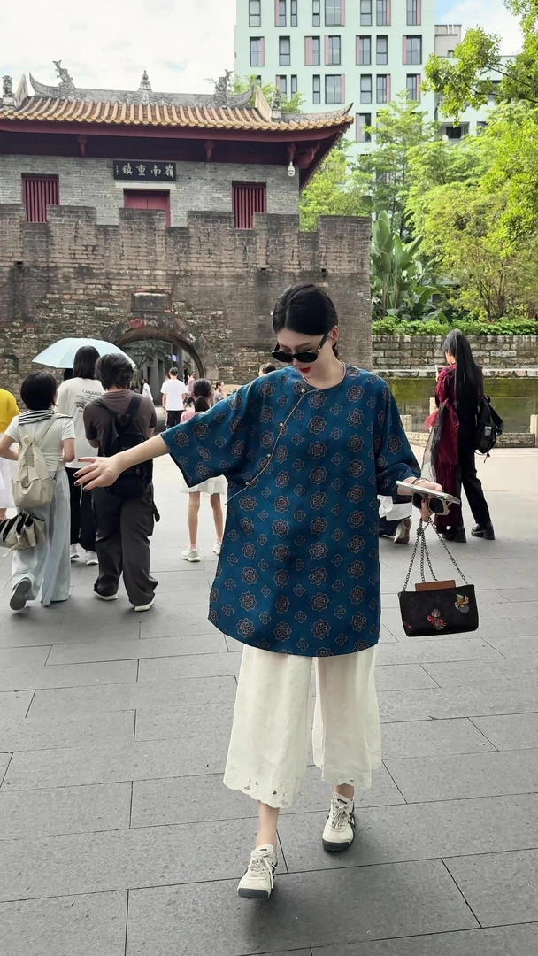 「蓝宝相中袖」桑蚕丝新中式百搭圆领斜襟中袖长衫时尚休闲宽松复古