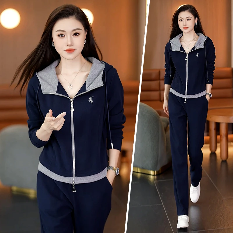 时尚休闲运动服套装女士2025秋季新款洋气连帽外套阔腿裤两件套潮