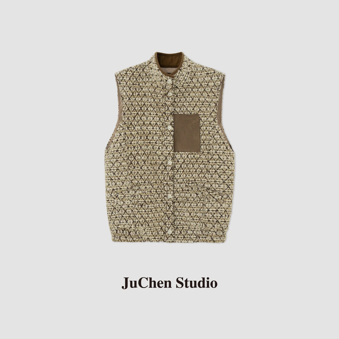 LIBOSHU“落日熔金”重工编织无袖边饰菱格纹小香立领马甲FW113246