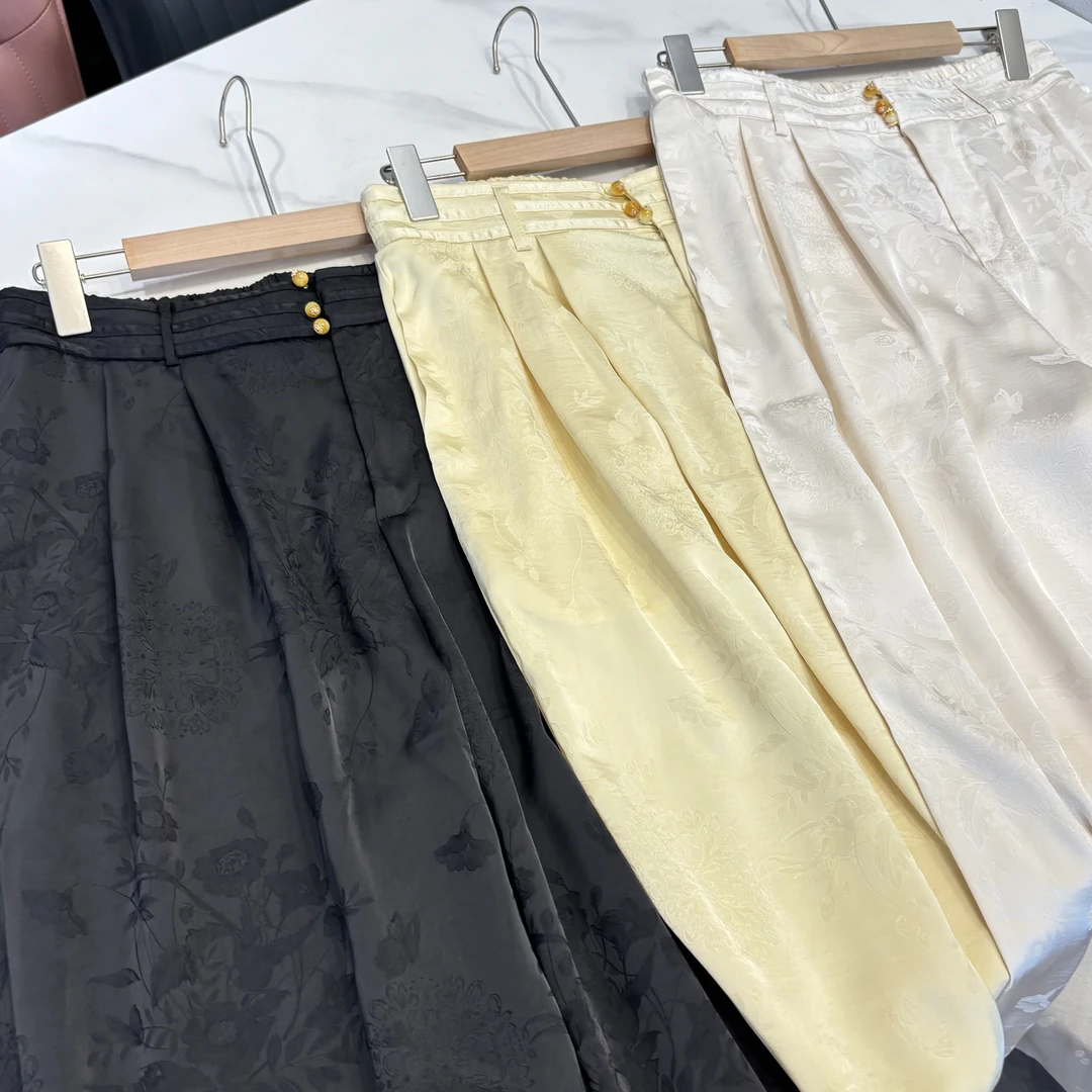 【琪花】新中式夏季高腰直筒裤提花气质百褶休闲设计师国风休闲裤