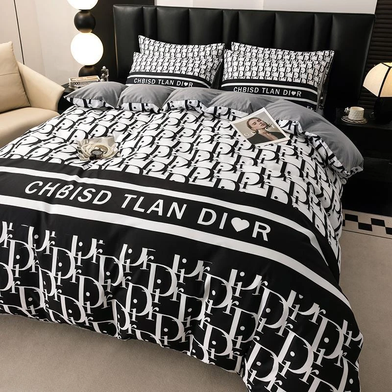 轻奢高级感棉四件套棉长绒棉被套黑白潮牌1.8米床笠床上用品