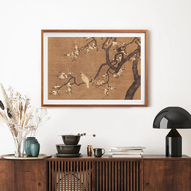 中式装饰画《杏花双雉图》实木榫卯书房玄关挂画国画系列