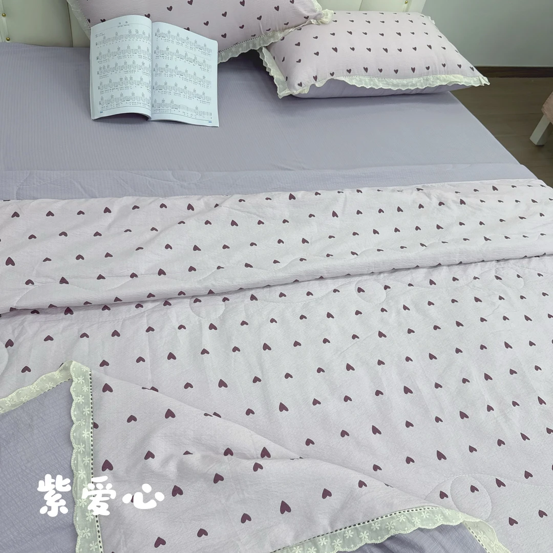 紫心【夏被四件套】皱皱纱花边云感夏被四件套薄款夏凉被小清新