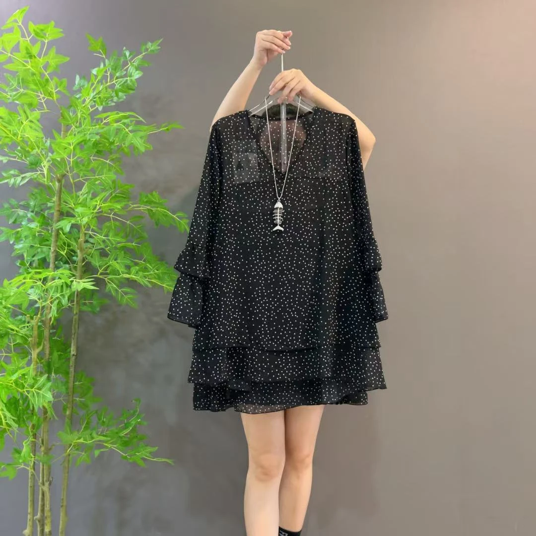 001新款时尚显瘦双层不规则轻薄中长款大衫减龄清爽大码女装