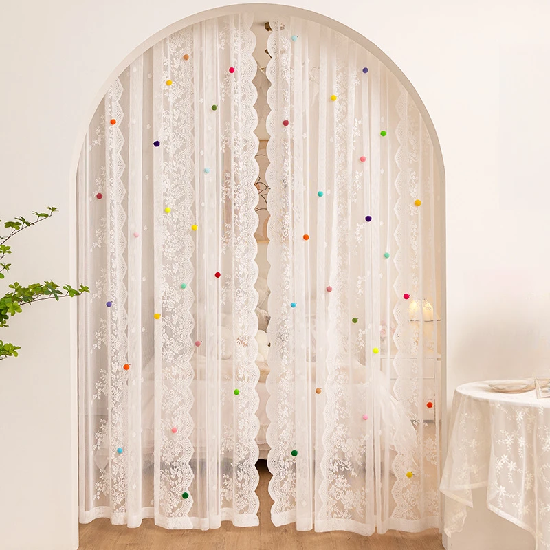 韩式小清新蕾丝纱帘女孩公主风卧室儿童房法式窗帘隔断门帘遮挡帘
