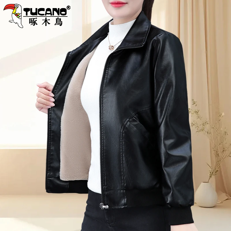 啄木鸟加绒加厚皮衣女高级感2025新款秋冬女士妈妈装pu皮夹克外套