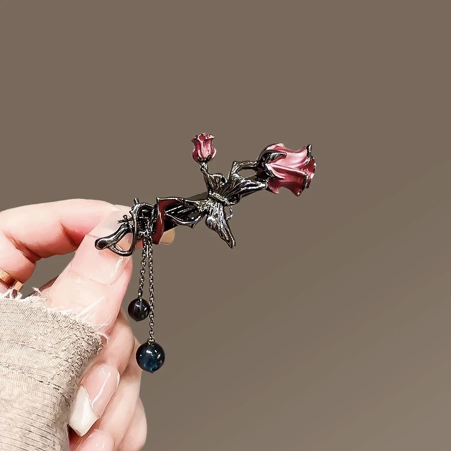 复古鸭嘴抓夹发卡蝴蝶玫瑰流苏侧边编发发夹高级感刘海碎发夹头饰