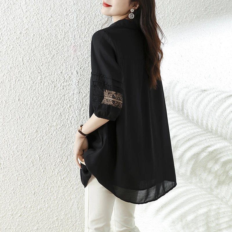 大码宽松遮肚子雪纺衬衫女中长款夏季时尚洋气气质拼接蕾丝打底衫