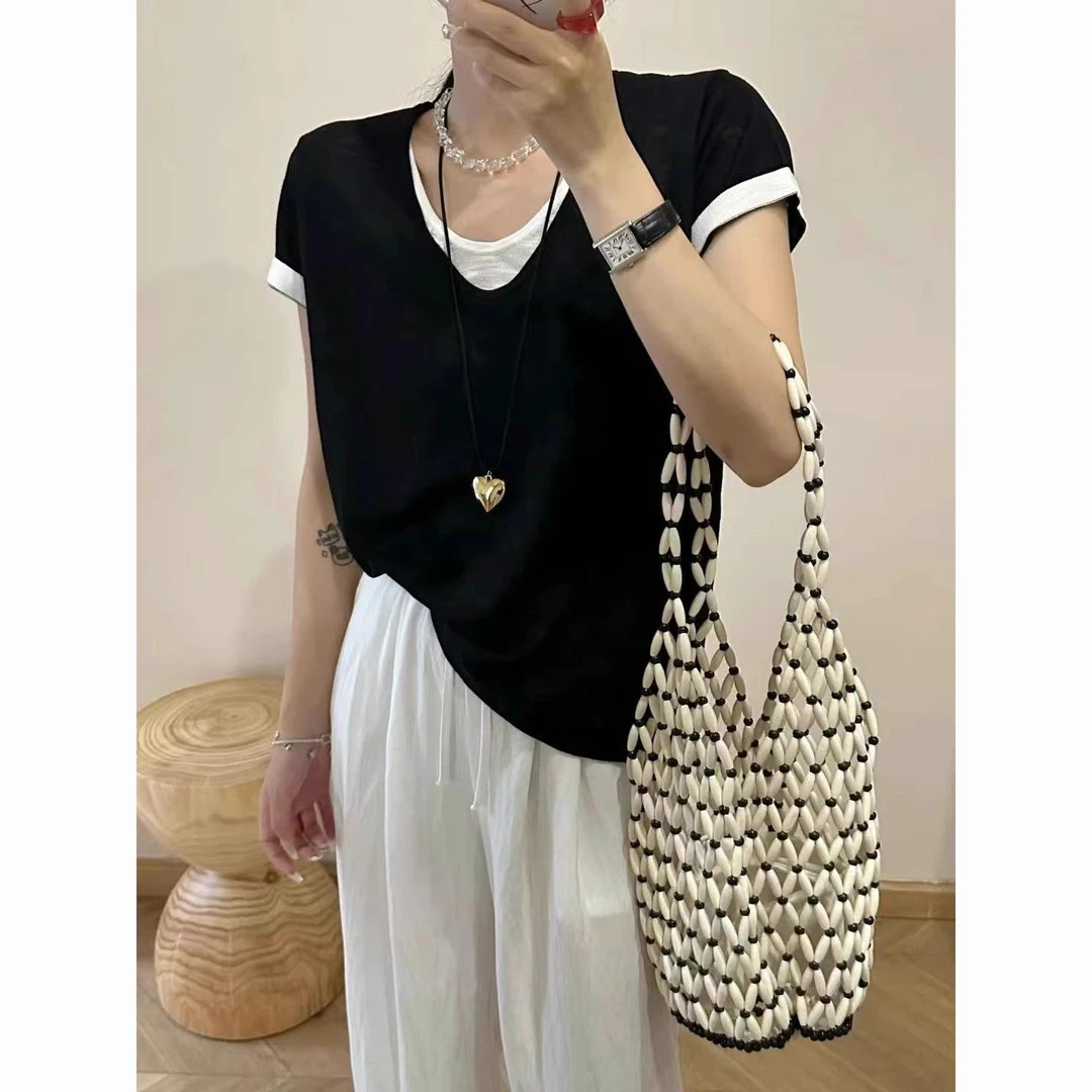 店铺热销假两件u领夏季新款短袖上衣女宽松显瘦慵懒设计感百搭休