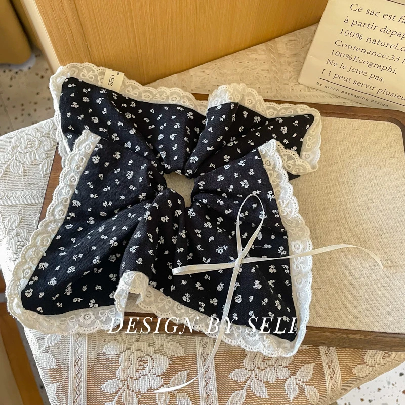 BLACK&WHITE黑白碎花蕾丝方巾手作大肠发圈法式复古大号发圈头绳