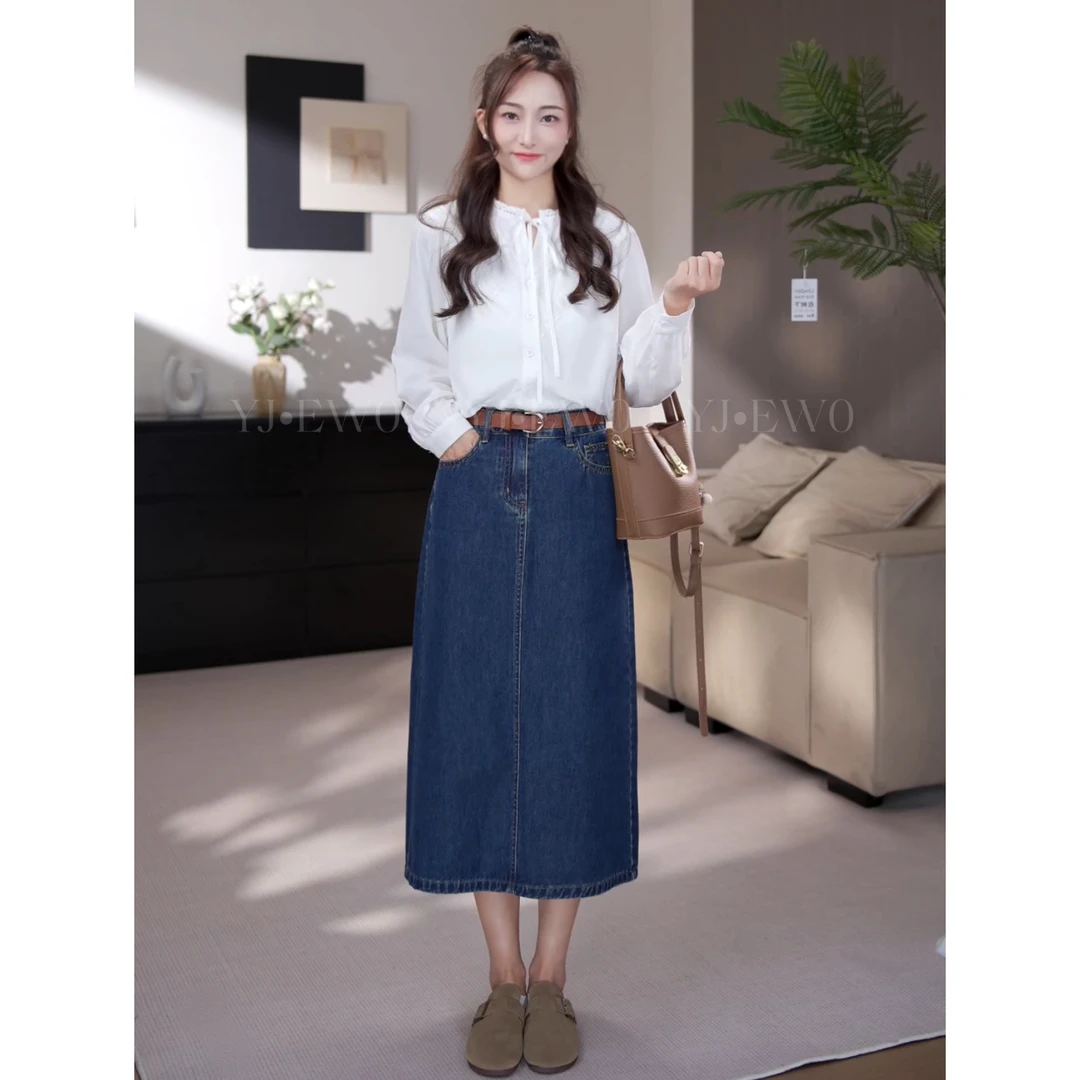 【佳伦现货】早秋高腰水洗百搭显瘦复古开叉牛仔半身裙-YJ520