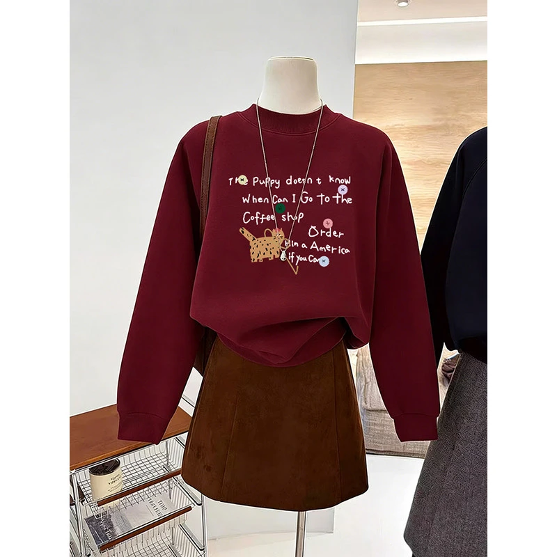 半高领加绒加厚卫衣女2026新年本命年衣服酒红色打底衫过年拜年服
