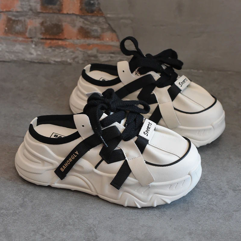 松糕厚底包头半拖鞋女2025春夏季新款外穿百搭真皮休闲懒人老爹鞋