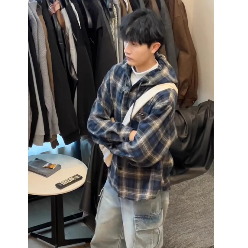 美式复古蓝色格子衬衫男款长袖潮牌高级感cleanfit连帽外套春秋季