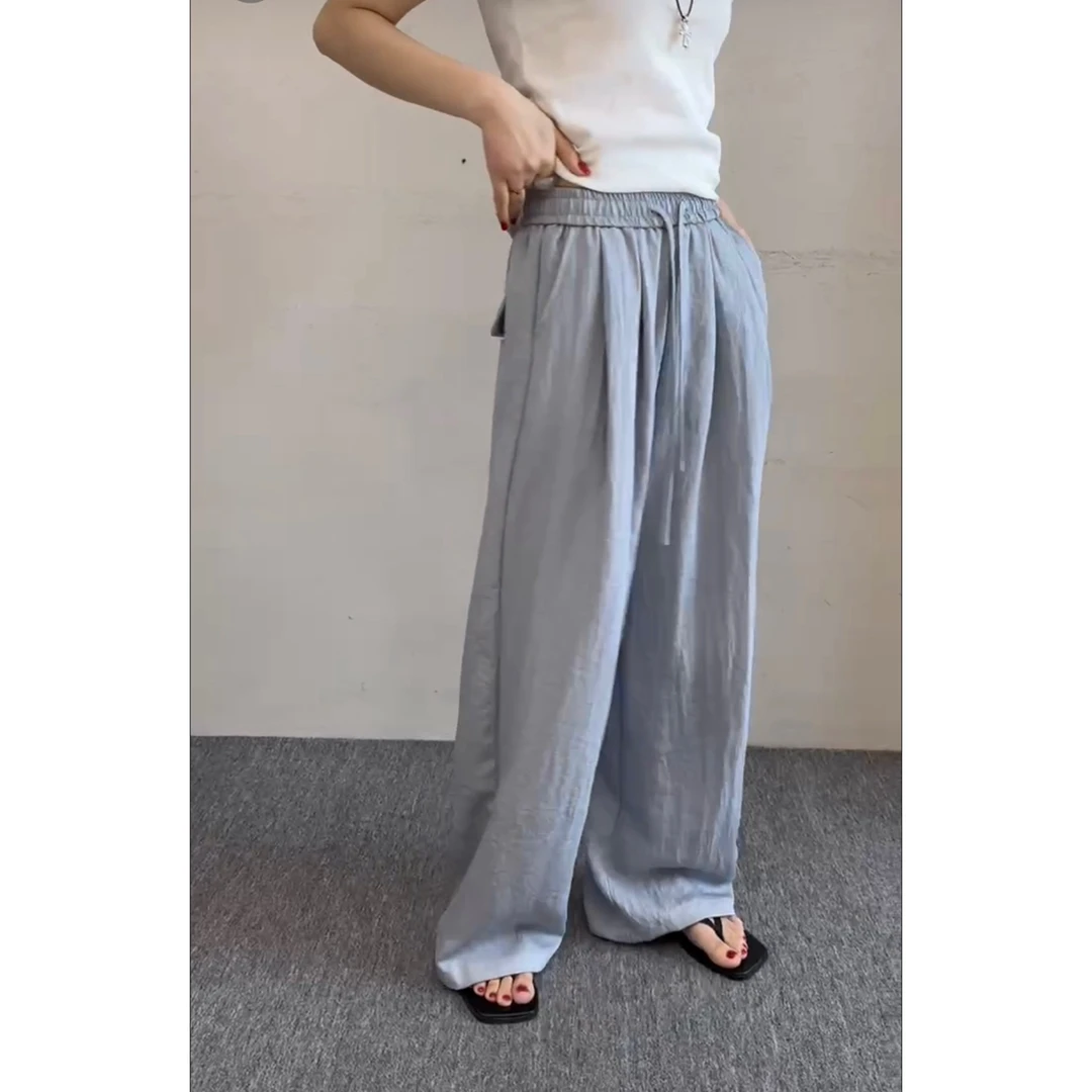 清DCXY 2530 慵懒空气感亚麻抽绳松紧腰阔腿裤女薄显瘦松弛感长裤