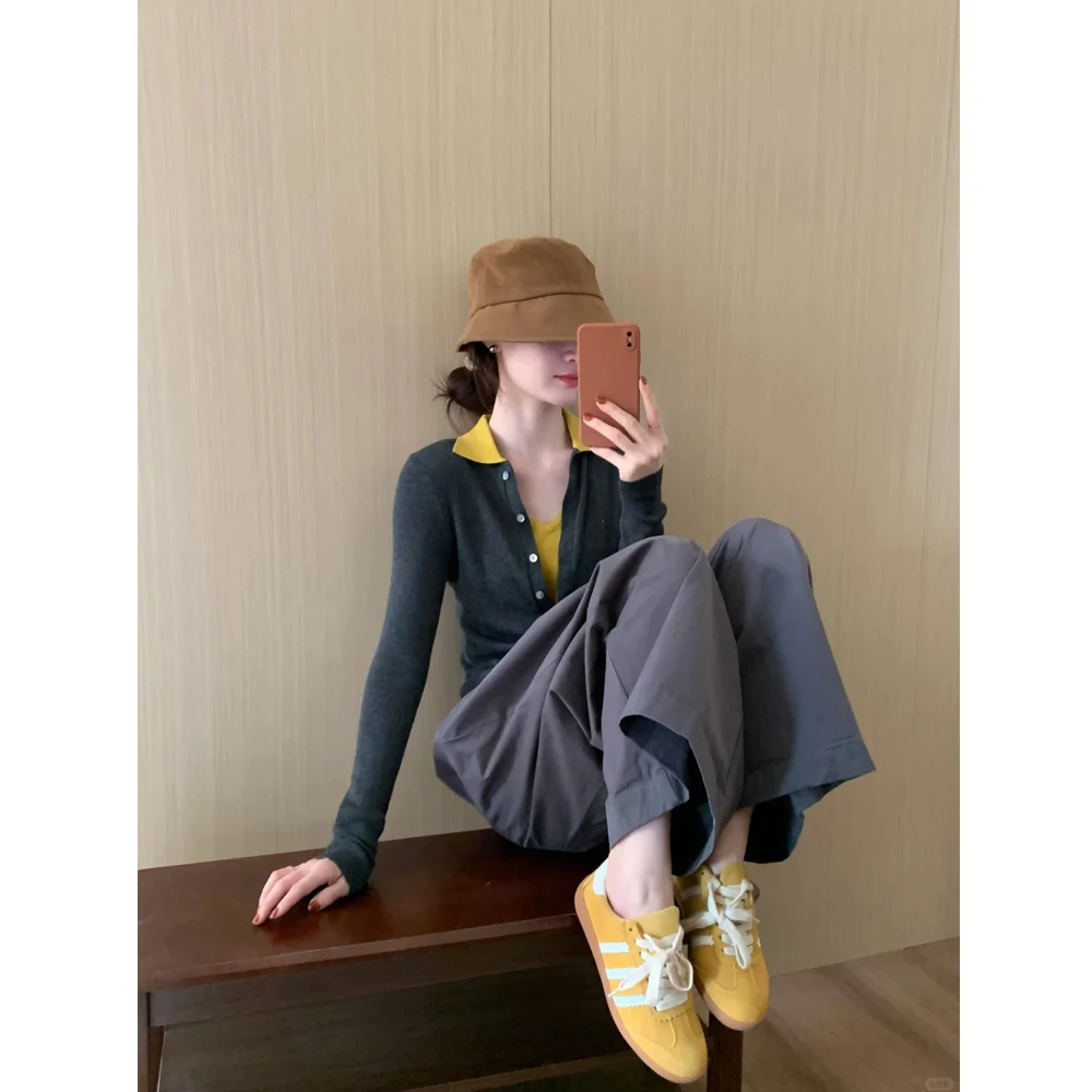 灰色拼接Polo领长袖针织开衫秋季修身显瘦百搭上衣裤子套装