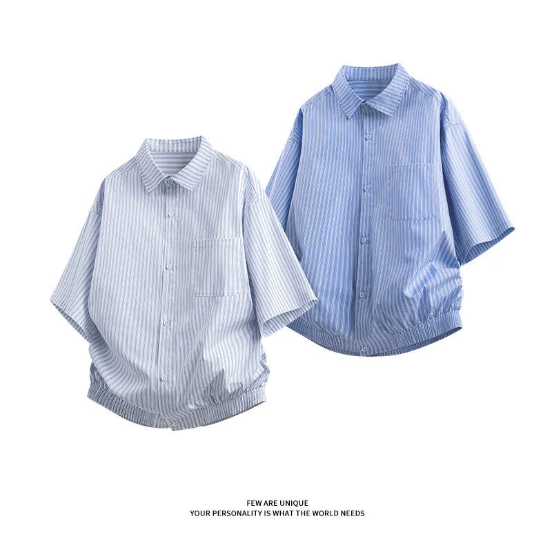 青少年夏季休闲宽松短袖条纹百搭男款衬衣极简风格