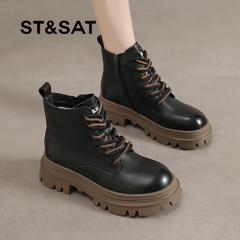 星期六厚底短靴女2025新款春季女士真皮单靴英伦风增高工装马丁靴